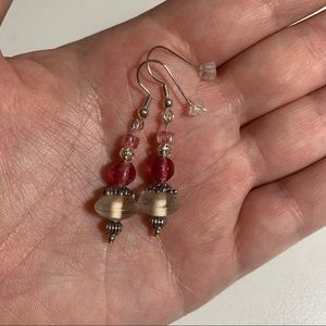 Pink, Clear and Silver Beaded Drop Earrings